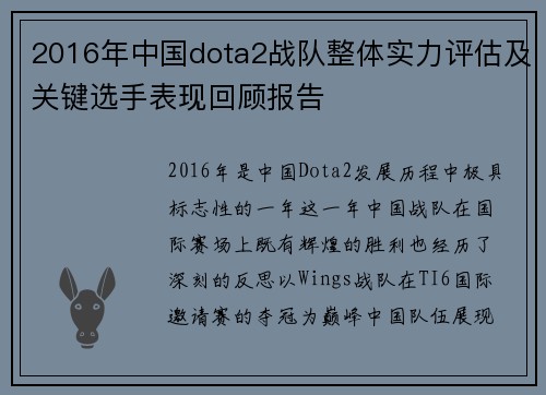 2016年中国dota2战队整体实力评估及关键选手表现回顾报告