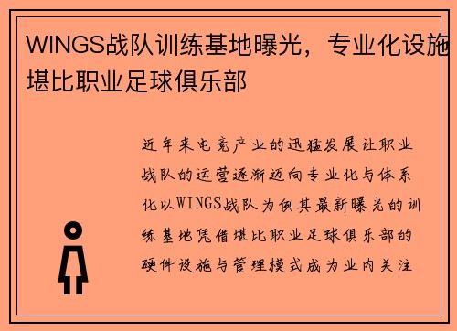 WINGS战队训练基地曝光，专业化设施堪比职业足球俱乐部